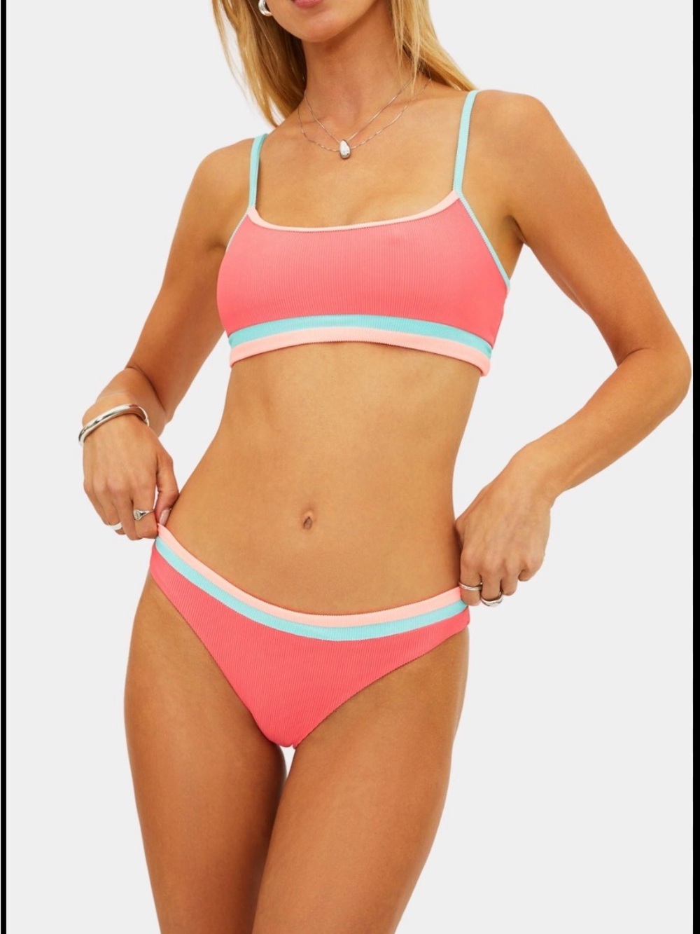 Beach Riot Coral Bikini Set with Aqua and Light Pink Trim